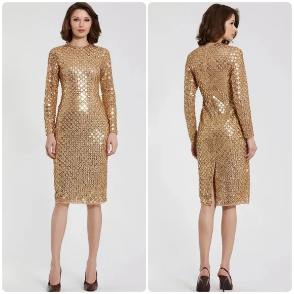 ✨ Mac Duggal Gold Beaded Georgette Long Sleeve Fitted Midi Dress ✨ size 14 - Picture 3 of 11